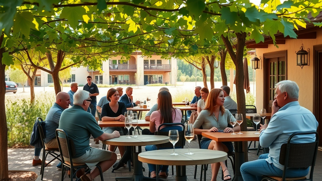 Outdoor wine tasting scene at Pelio Estate with guests enjoying ambiance.