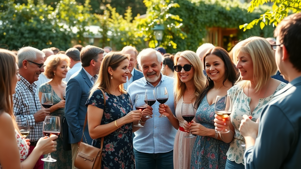Wine tasting event in Carmel Valley garden, vibrant community feel.
