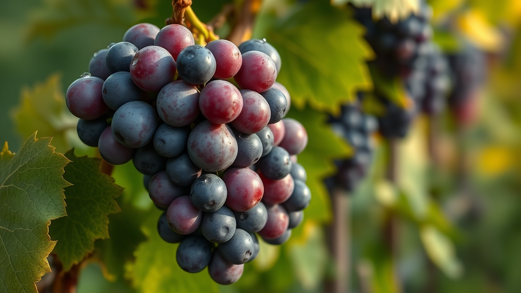 Dew-kissed grapes on the vine in a minimal intervention vineyard