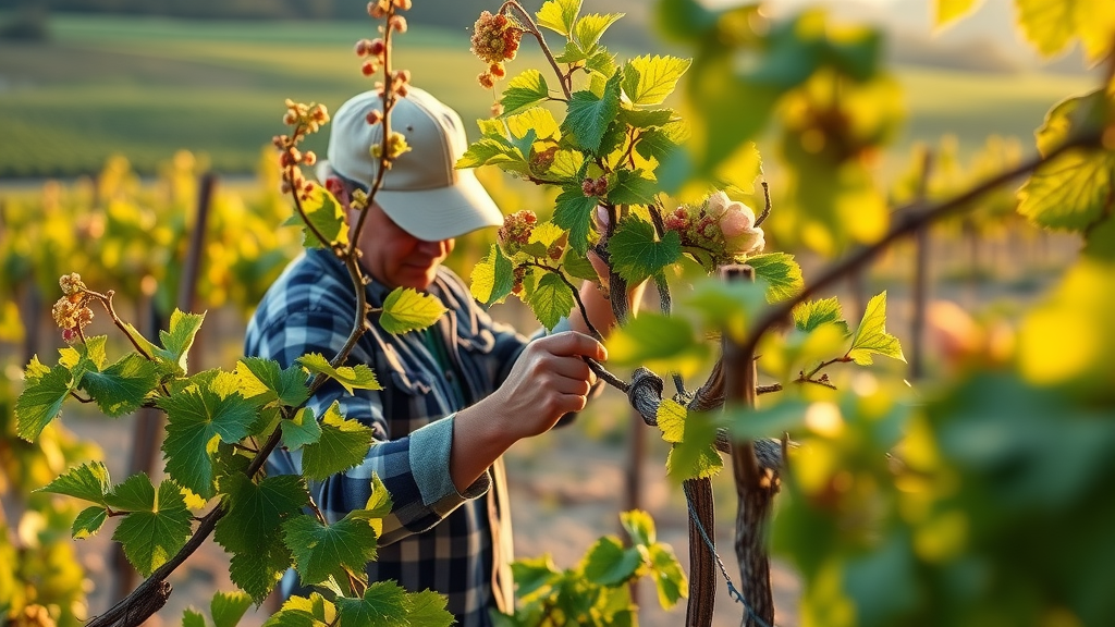 Winemaking process: Vintner practicing sustainable methods in vineyard