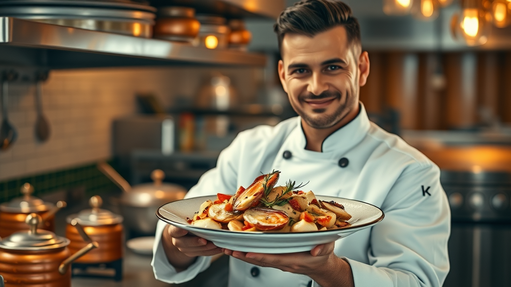 Chef presenting dish in Monterey restaurant kitchen