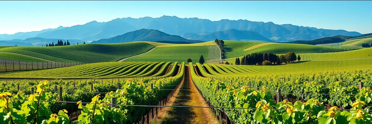 Scenic vineyard view with rolling hills and mountains for estate winery tours.