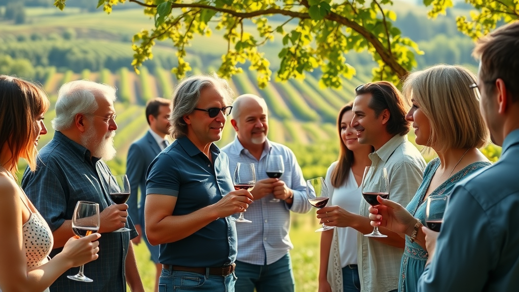 Diverse group enjoying an outdoor wine tasting event.