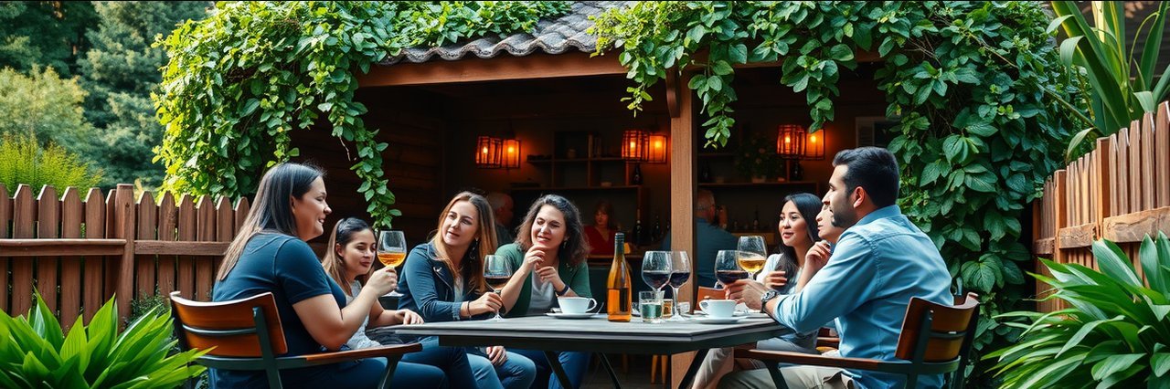 Group wine tasting in scenic tasting room patio.