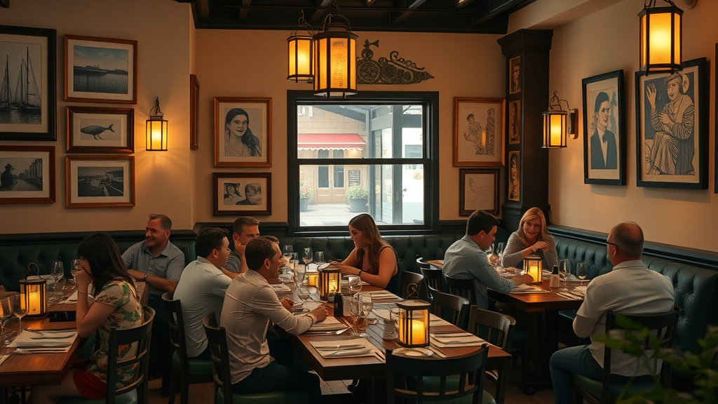 Lively Monterey restaurant diners in engaging conversation