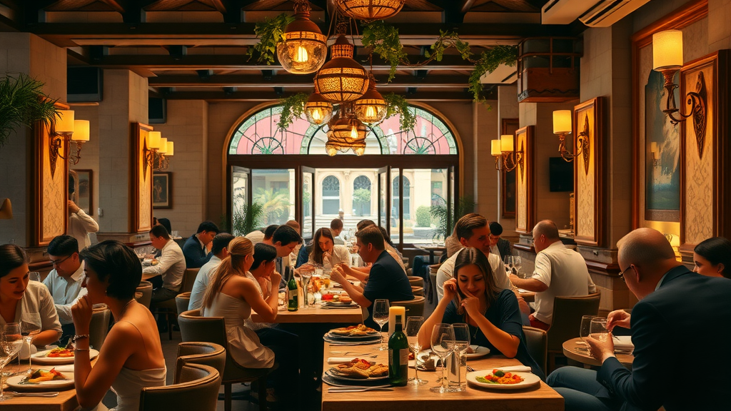 Upscale Italian Monterey restaurant interior with diners enjoying dishes.