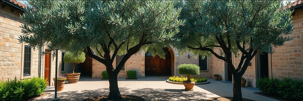 Peaceful courtyard at Pelio Estate Wines under olive trees.