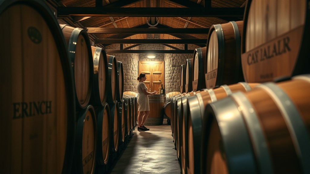 Winemaking process: Oak barrels aging wine in a serene cellar