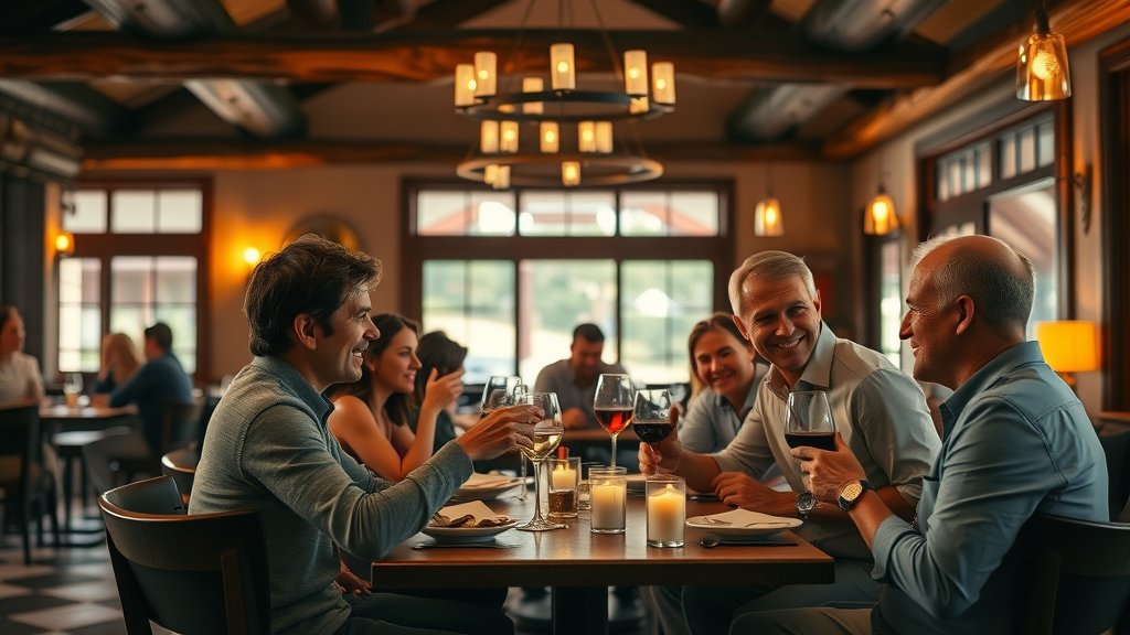 Interior of Monterey restaurant with guests toasting and dining