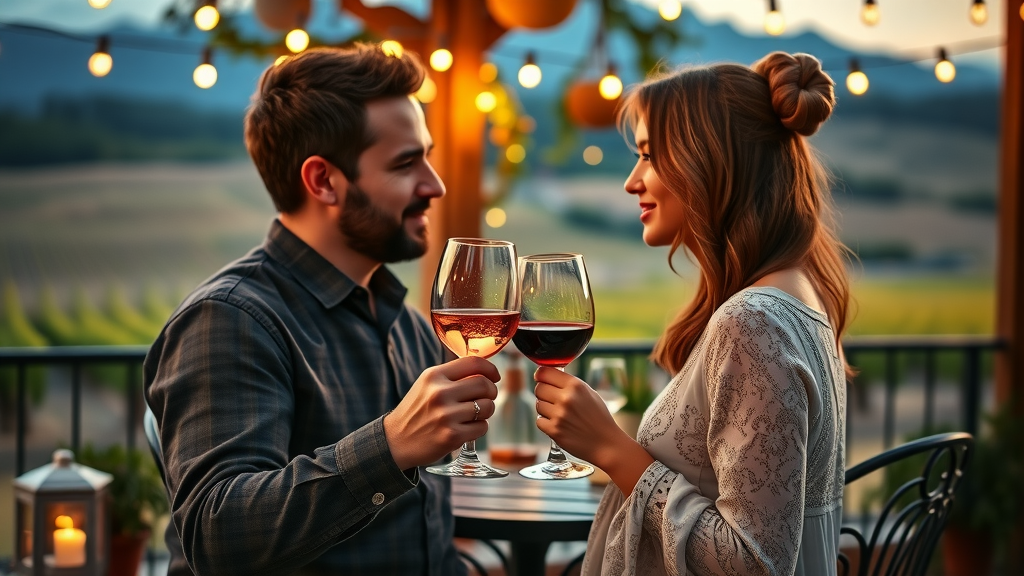 Couple celebrating wine culture in a romantic vineyard evening.