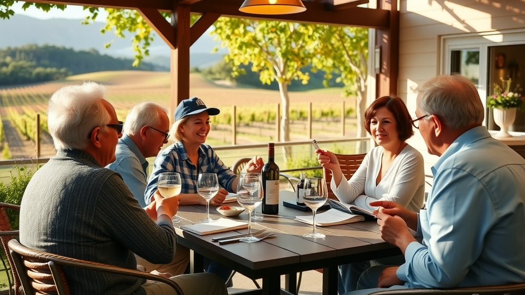 Corral Wine Club members in a vineyard setting discussing wine.