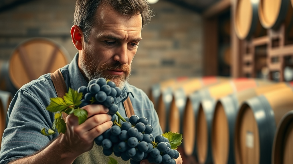 Winemaker analyzing grapes, minimal intervention technique spotlight