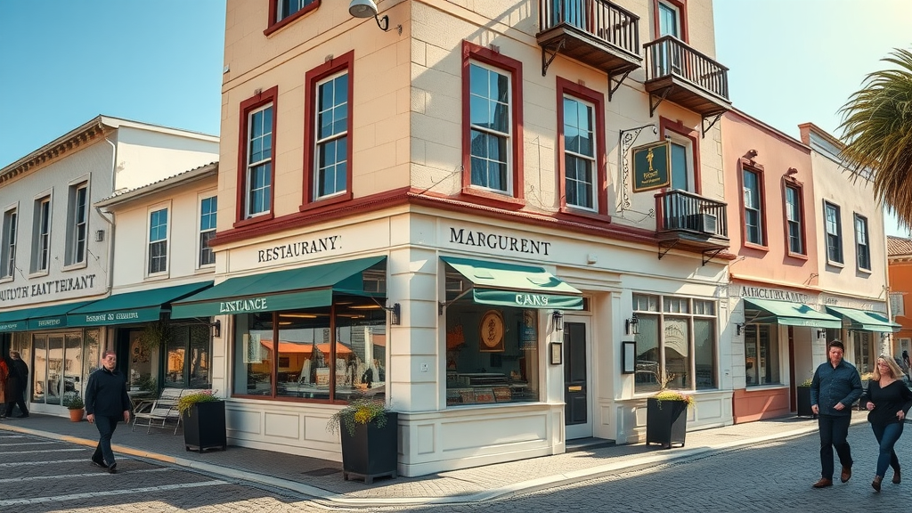 Charming Monterey restaurant exterior on a coastal street