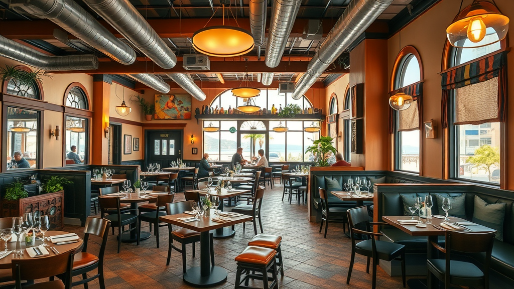 Vibrant interior of a Monterey restaurant with gourmet dishes