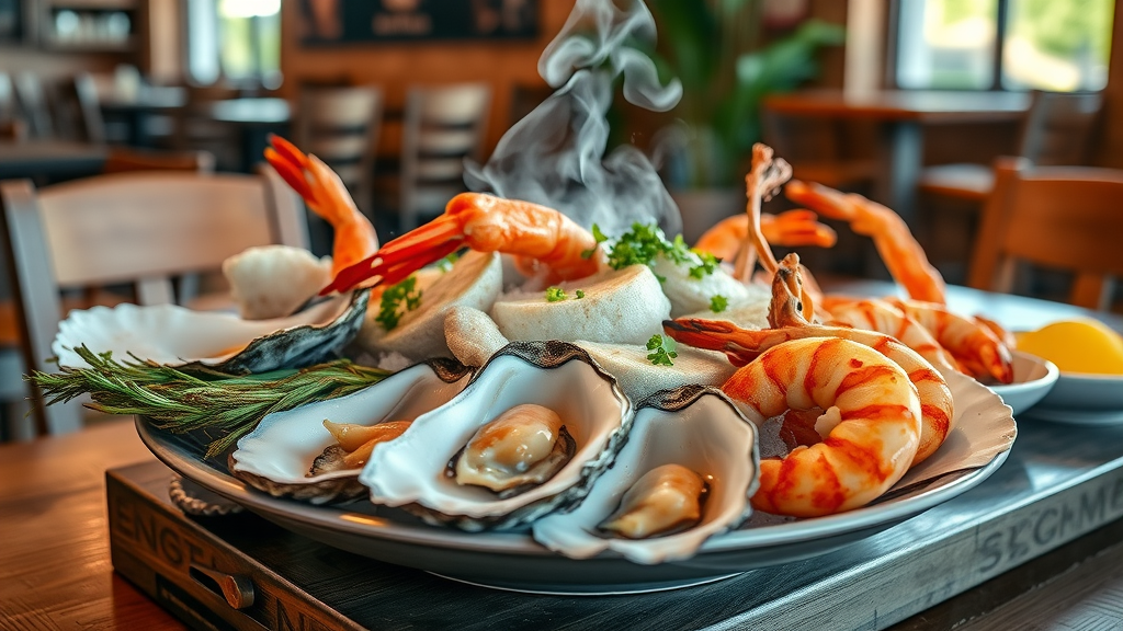 Artful seafood platter at Monterey restaurant with oysters and shrimp