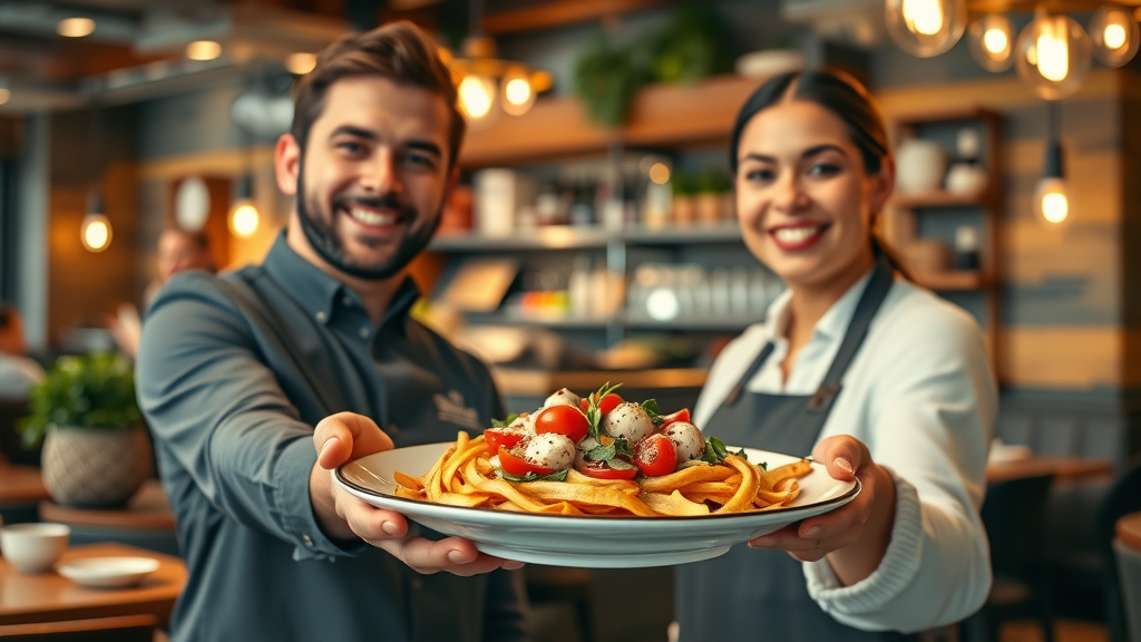 Monterey restaurant staff presenting Italian dish, showcasing service excellence.
