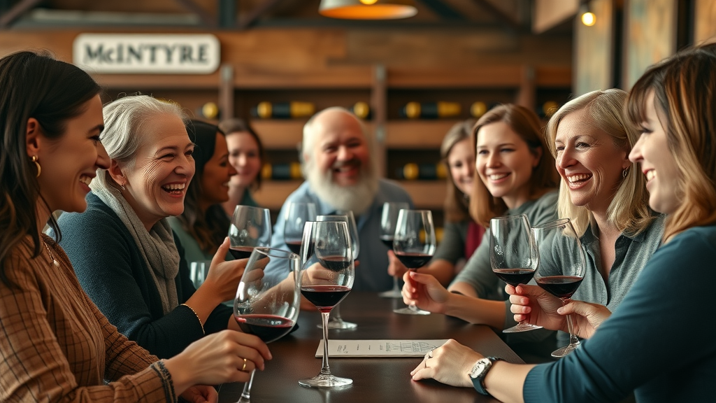 Wine enthusiasts smiling, enjoying McIntyre wines in a rustic tasting room.