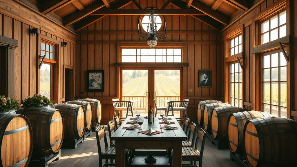 Cowgirl Winery interior with wine barrels and vineyard view.