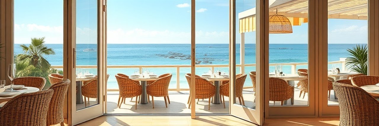 Monterey restaurant with ocean view and elegant decor.