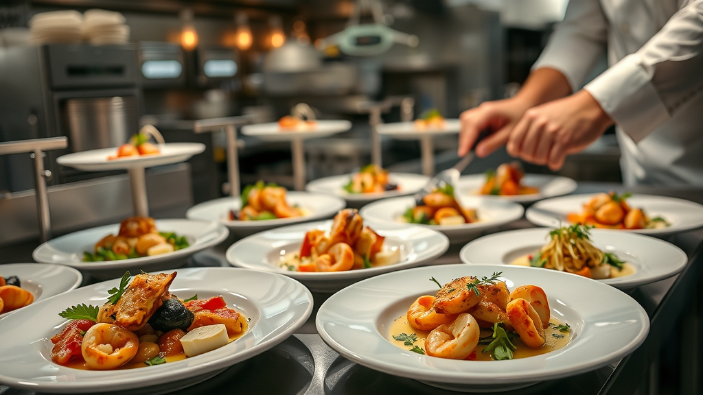 Chef in Monterey restaurant kitchen preparing gourmet seafood dishes