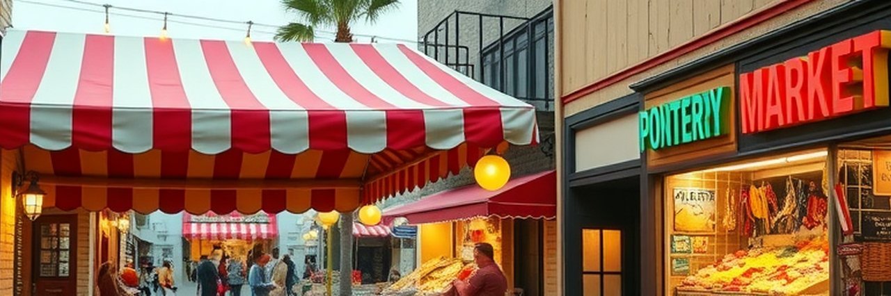 Charming restaurant exterior in Monterey, striped canopy, market.