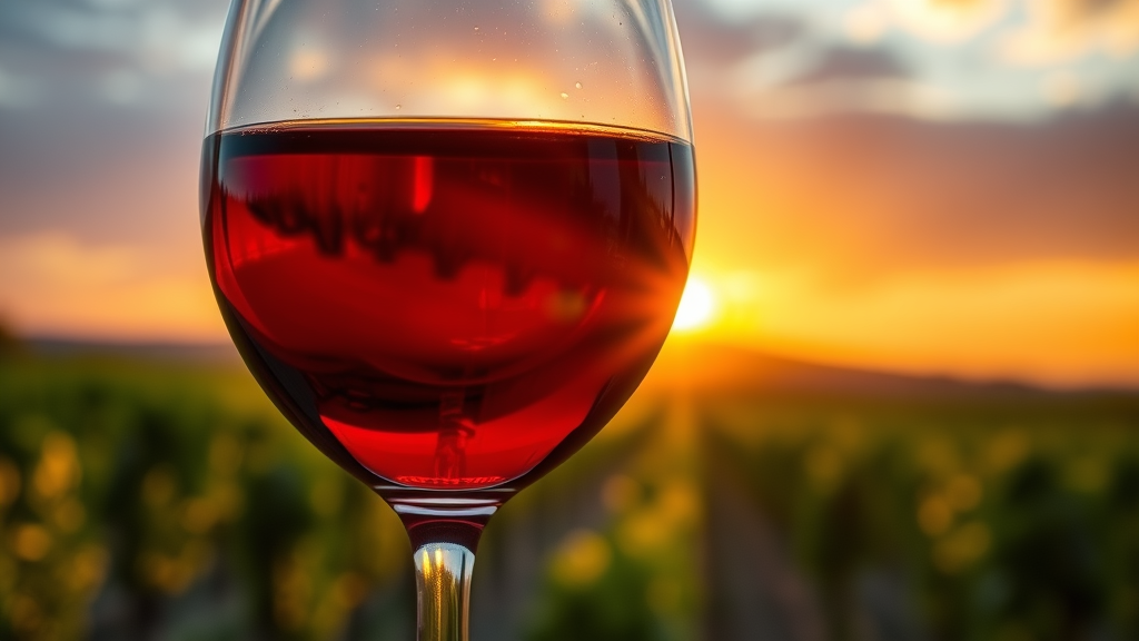 Wine glass with estate wine glowing in sunset at Holman Ranch.