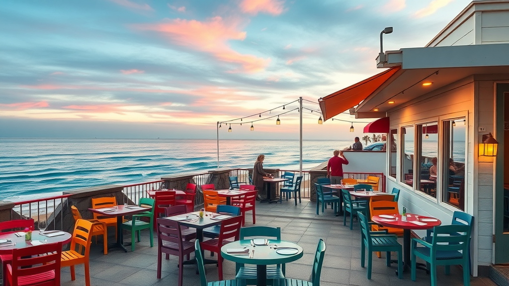 Picture of a vibrant Monterey coastal restaurant overlooking the ocean.