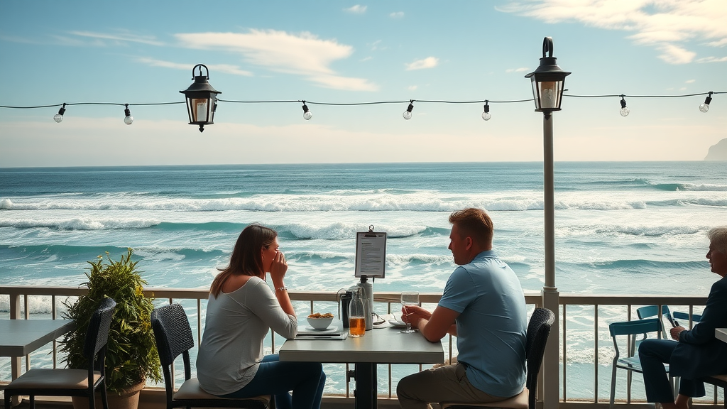 Idyllic waterfront restaurant scene at Monterey Bay