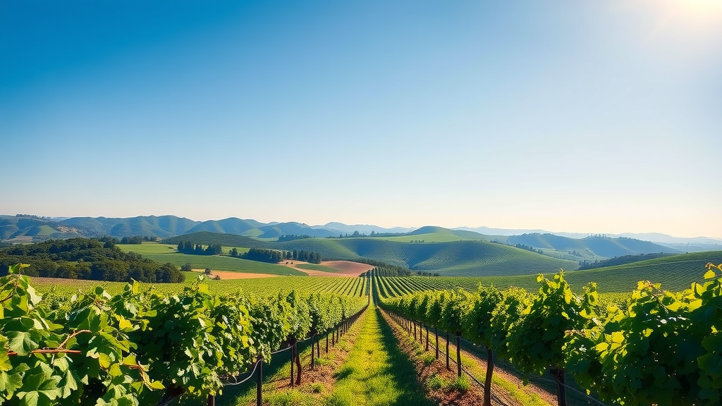 Sunlit rows of grapevines at a boutique family winery in Carmel Valley.