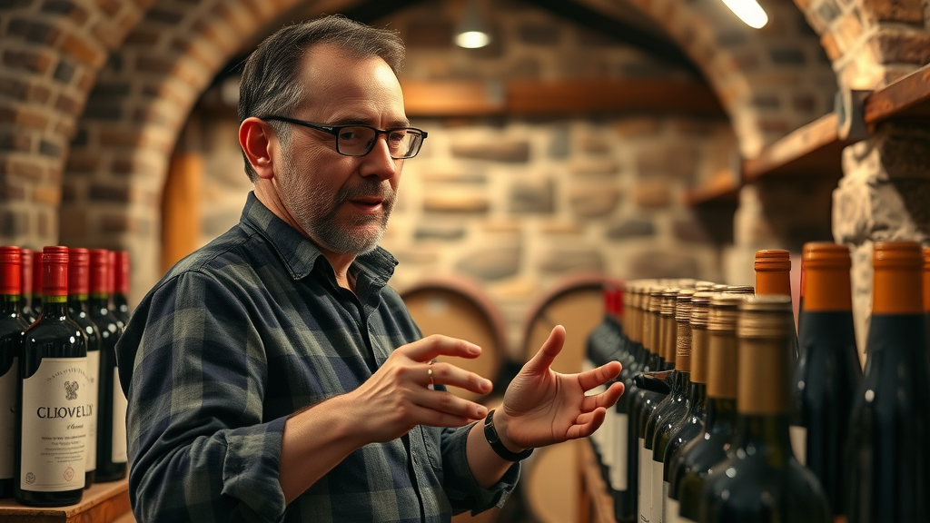 Winemaker displaying artisanal wines in a rustic cellar.