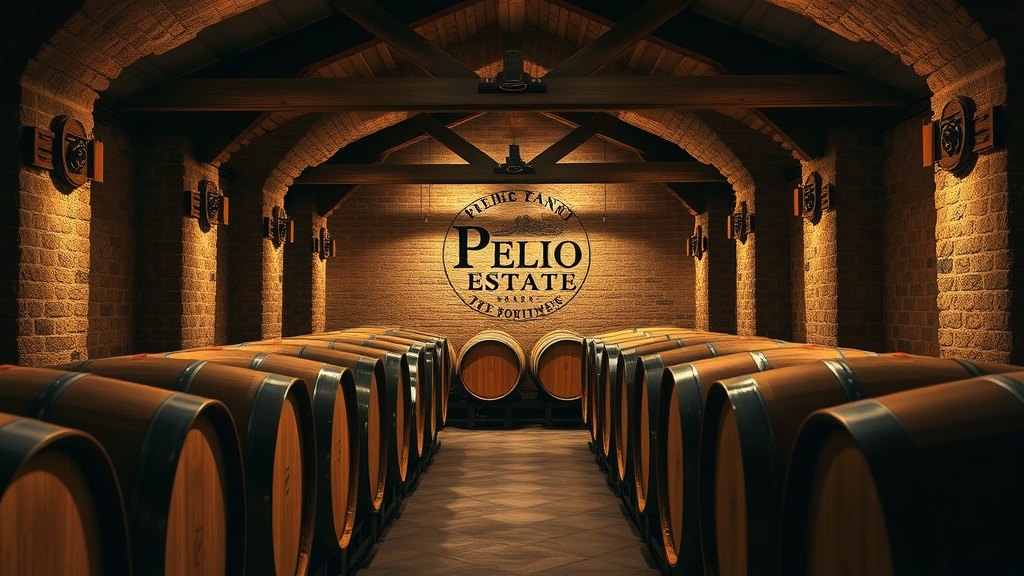 Elegant wine cellar at Pelio Estate with vintage wooden barrels.