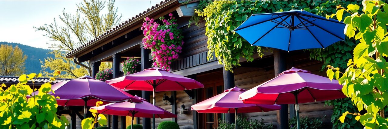 Bernardus vineyard scene with terrace umbrellas and sign at Wine Club Events.