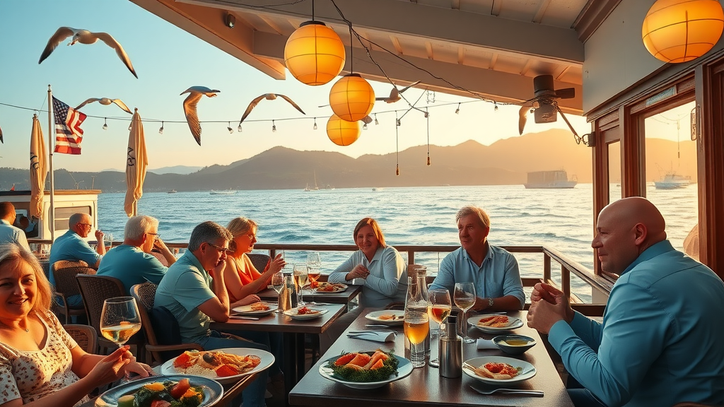 Monterey restaurant with diners enjoying seafood by the harbor
