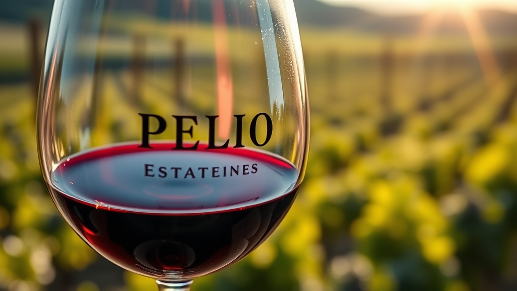 Close-up of Pelio Estate red wine glass reflecting sunlight.