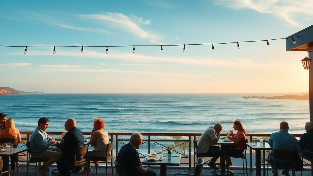 Scenic Monterey Bay view from restaurant terrace with diners enjoying meal.