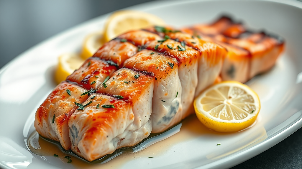 Grilled salmon with lemon and herbs, a Monterey specialty.