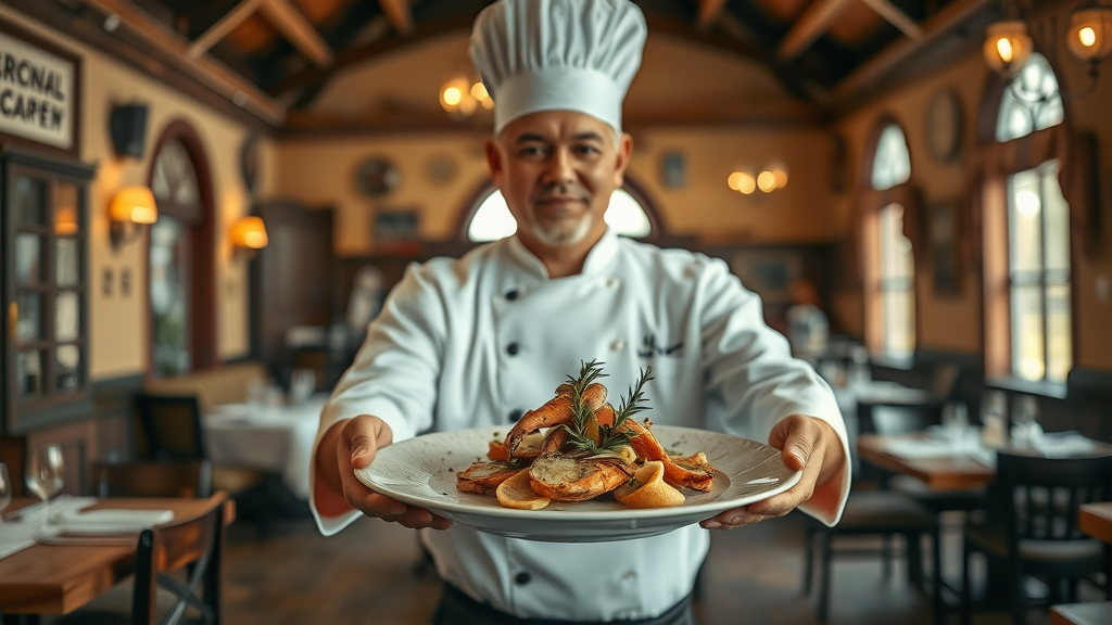 Chef presents plated seafood dish in historic Monterey restaurant